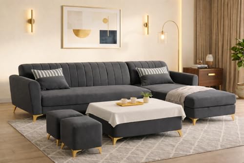 Image of Adorn India Premium Luster 8 Seater L Shape Sofa Set with 2 Puffy & 1 Center Table | Velvet Suede Fabric | 3-Year Warranty | RHS | Dark Grey with Golden Legs & Striped Pattern Cushion
