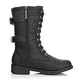  Minetom Damen Motorrad Stiefel Militär Kampfstiefel Schlupfstiefel Herbst Winter Stiefeletten Mode Flache Schuhe Schnüren Reißverschluss Ankle Boots Kreditkarte Bankkarte Tasche Schwarz 38 EU