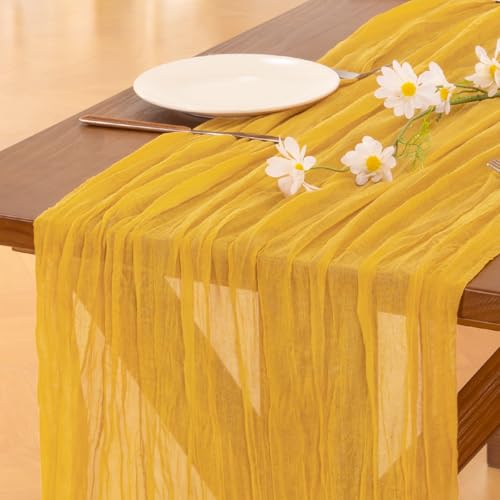 Image of Socomi 2pcs Gold Yellow Easter Spring Cheesecloth Table Runner Boho Rustic Gauze 120 inch 10FT Cheese Cloth Runner for Wedding Party Baby Shower Birthday Home Decor Holiday Decorations