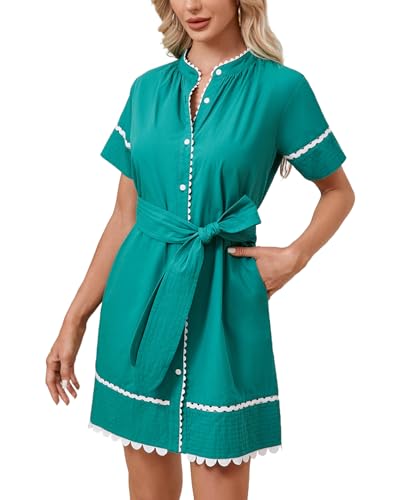 Image of Women's Summer Shirt Dress Short Sleeve Button Down Mini Tie Waist Belted Tunic with Pockets RIC Rac Trim