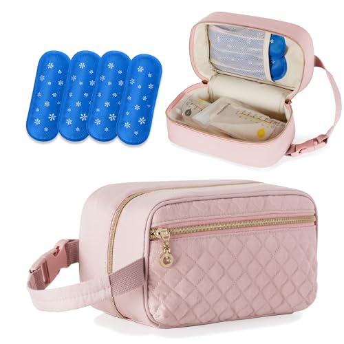 Image of Damero Breastmilk Cooler Bag with 4 Ice Packs -Breastmilk Cooler Travel Bag Organizer with Detachable Buckle Handle for Daycare and Breastfeeding Mom,Pink