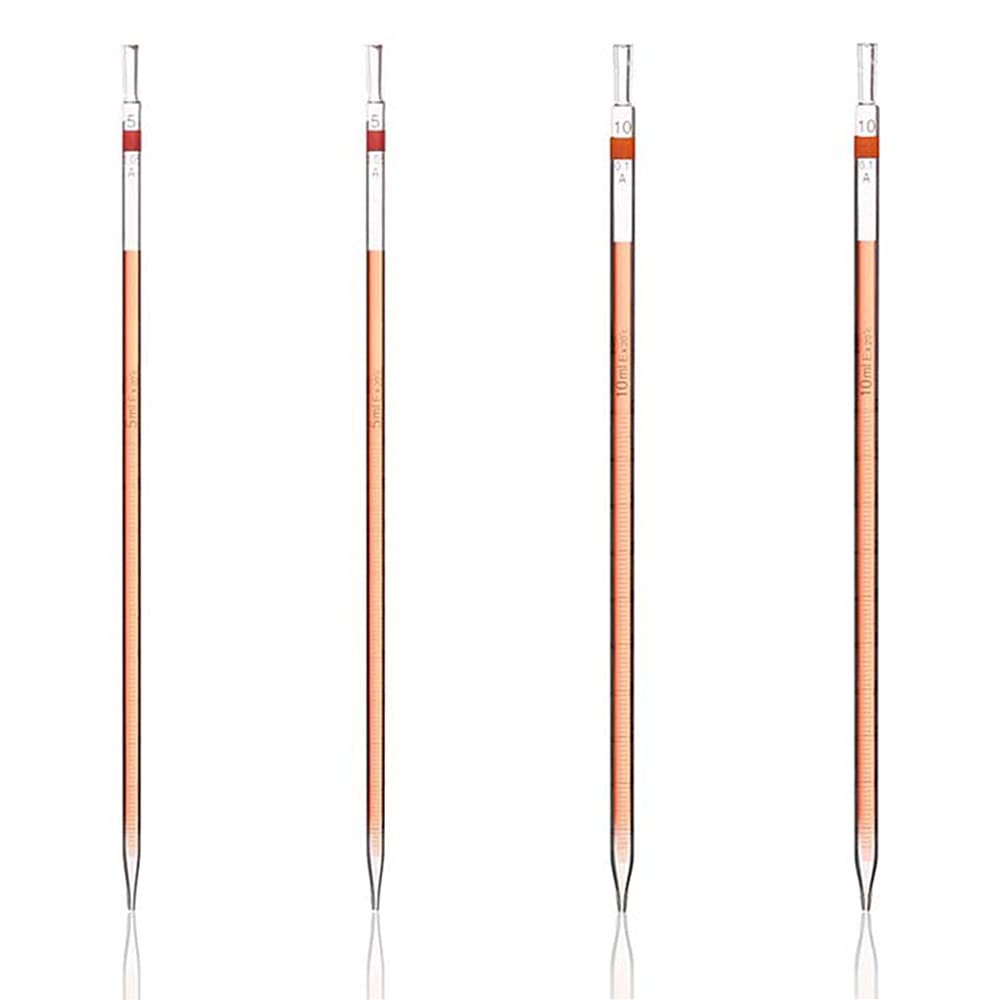 KENZIUM - 4 Pipette Graduate | Volume: 2 x 5 ml e 2 x 10 ml | In Vetro | Graduazione con Codice Colore Per Una Facile Identificazione | Autoclavabili | Ideali Per Laboratorio e Scuola