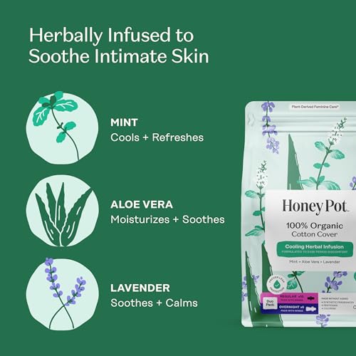 Image of Honey Pot - Herbal Sanitary Pads for Women - Regular & Overnight Flow w /Wings - Infused w /Essential Oils for Cooling Effect & Organic Cotton Cover - Medium Pack - Feminine Care - 16 ct