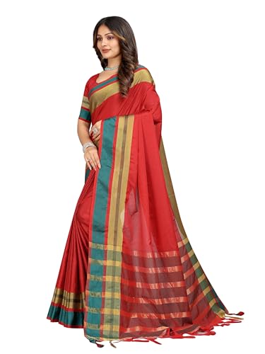 Image of Sidhidata Women's Cotton Blend Saree With Unstitched Blouse Piece (Payal Red Red Free Size)