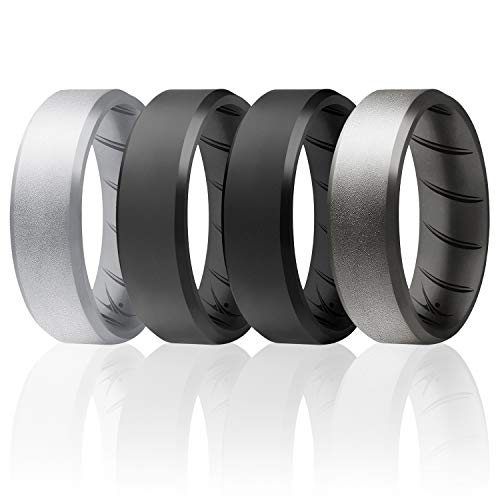 ROQ Silicone Rings, Breathable Silicone Rubber Wedding Ring Band for Men with Comfort-Fit Design, 8mm Beveled Edge, 4 Pack, Silicone Wedding Ring - Black, Grey, Silver Colors - Size 9