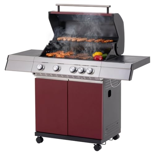 Tarrington House Barbacoa de gas Paxton de 4 + 1 Quemadores, Acero/Acero Inoxidable, 16.5 kW, Tapa con Termómetro, Mesa Auxiliar, Ruedas, Rojo
