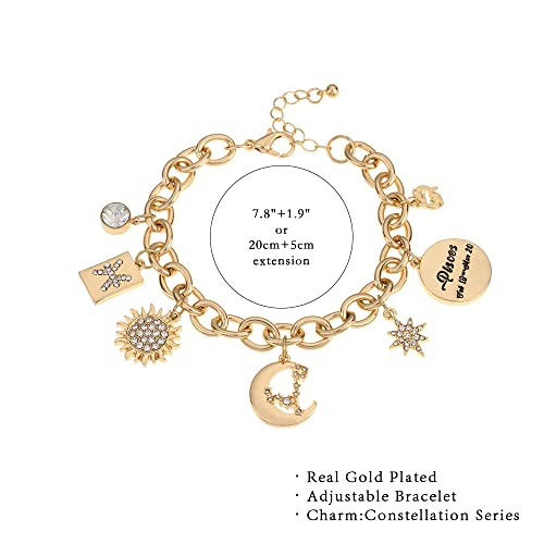 Madison Tyler Real Gold Plated Pisces Zodiac Charms Bracelets For Women,Stars Moon Sun Constellation Symbol Charms,Link Chain Bracelet Gifts For Women #TOP5