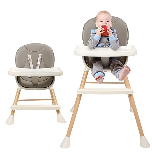 Image of 6-in-1 Convertible Baby High Chair, High Chairs with 2-Level Height Adjustable Legs & Removable Tray for Babies and Toddlers, Baby Infant Highchair with 5-Point Safety Belt & Footrest, Light Grey