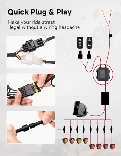 Image of KEMIMOTO UTV Turn Signal Light Kit with 110D Horn, UTV ATV Blinker with Rocker Switch Compatible with Polaris, Can-Am, Teryx, CFMOTO (4 Amber & 4 Red Light, with Horn & License Plate Holder)