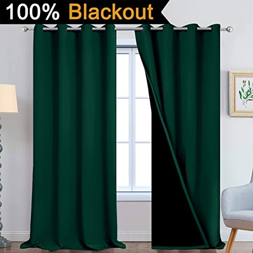 Image of Yakamok Dark Green 100% Blackout Curtains 108 Inches Long 52 inch Wide 2 Panels | Blackout Curtain Panels for Bedroom, 2 Thick Layers Grommet Top Thermal Insulated Drapes with Black Liner for Living Room