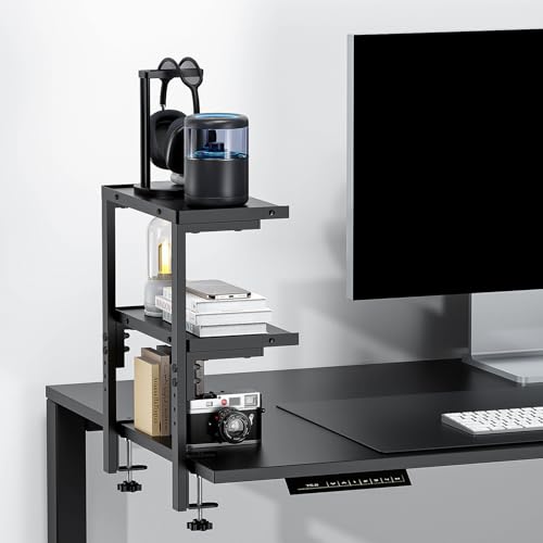 Image of 2-Tier Desk Shelf, Black | Desk Organization Expandable Clamp on Desk Shelf Desktop Accessories for Offices and Game Rooms