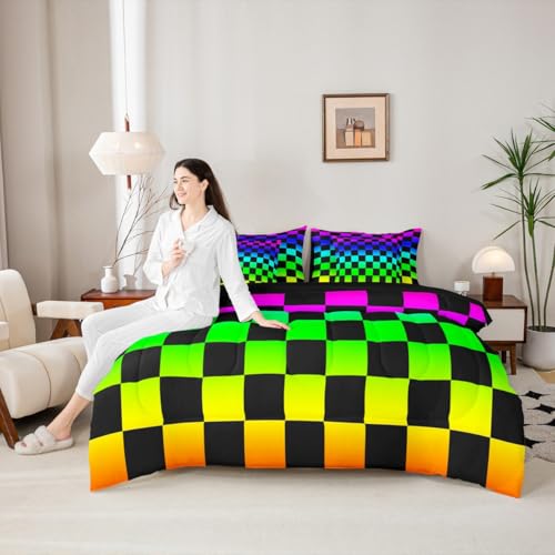 Image of Multicolored Checkered Retro Comforter Set With Sheets 7 Piece Queen Size Geometric Vintage Bed in a Bag Kids Boys Girls Colorful Bedding Set Modern Groovy Aesthetic Bedroom Decor Breathable Soft