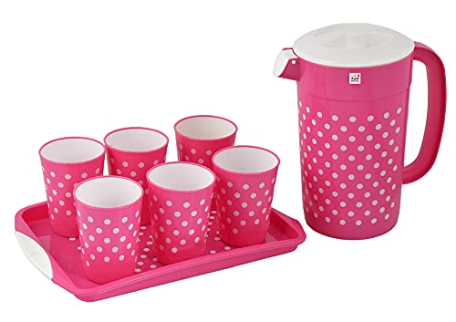 Fun Homes Dot Printed BPA Free Food Grade Unbreakable Plastic 6 Tumblers/Glass Set with Jug & Tray Drinkware Set, Set of 8 (Green)-HS42FUNH25099