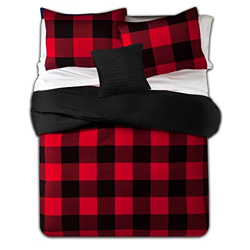 7 Piece Comforter Set Bag Solid Color All Season Soft Down Alternative Blanket & Luxurious Microfiber Bed Sheets, Full, Buffalo Plaid Burgundy/Black