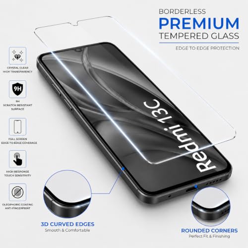 Image of ArmourPro 3D Borderless Tempered Glass for Redmi 13C, Poco C65 and Poco M6, Set of 2 HD Clear Screen Protectors with 3D Curved Edges, 9H Hardness, Oleophobic Coating, Case Friendly