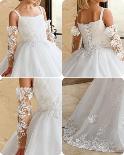 Floral Applique Flower Girl Dress with Train Spaghetti Strap First Communion Dresses with Sleeves Pageant Ball Gown4