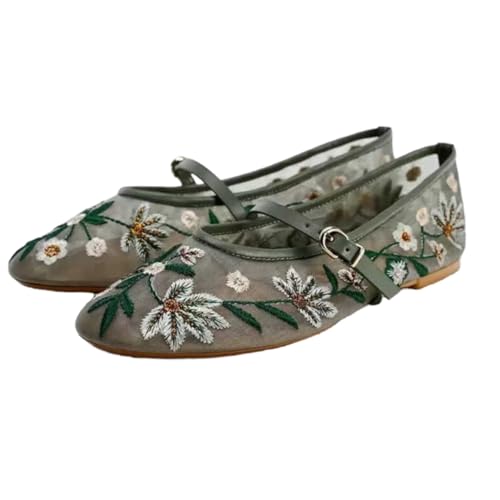 Elbslutt Mesh Ballet Flats for Women Slip On Ballerina Flats Shoes Tulle Floral Embroidered Mary Jane Buckle Strap Round Toe Comfortable Casual Work Dress Shoes,Size 8.5,Green