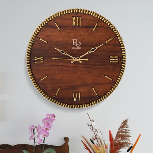 Image of Wooden Round Shape Roman Dial Analog Clock with Golden Hand and Golden Zari Rope Detailing | Stylish Silent Quartz Movement Anti Reflection Wall Clock for Home & Office (Brown, 15.5 inch)
