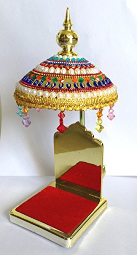 Image of Fabric Umbrella Chhatra with Hanging Crystals for God Idol, Car Dashboard /Office Desk /Table /Home Decor Showpiece, Chatri Aasan for God Murti, Multicolour, Fantasy, 10 Cm - L19