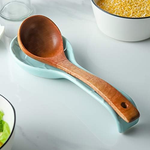 2PC Cyan Ceramic Spoon Rest, Porcelain Kitchen Cooking Utensil Holder Dish with Honeycomb Anti-Skid Design