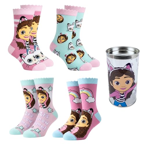 Gabbys Dollhouse Mädchen Socken 4er-Set Baumwollsocken Inklusive Geschenk Sparschwein für Mädchen Größen EU 23 bis 30 (DE/NL/SE/PL Numerisch 31 34 Regular Mehrfarbig)