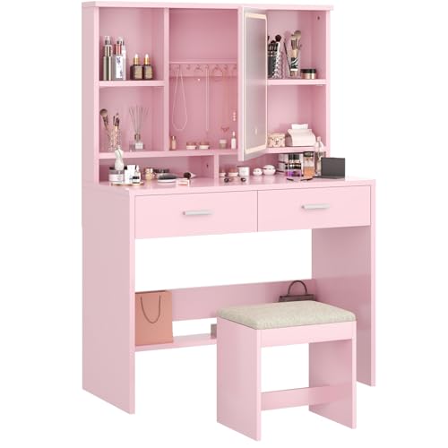 Airfish Coiffeuse avec Miroir LED et Tabouret, 3 Couleurs avec Luminosité Réglable, Table de Maquillage avec Espace pour Bijoux, Étagères Réglables, 2...