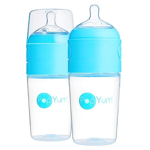 Image of PopYum 9 oz Blue Anti-Colic Formula Making/Mixing/Dispenser Baby Bottles, 2-Pack with #2 Medium Flow Nipples, 260 ml, BPA-Free, Natural Latch