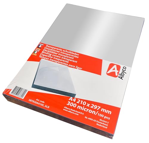 Copertine per Rilegatura Trasparenti Albyco, Lucide, Formato A4, 0,30 mm, per 100 Pezzi, Copertine PVC