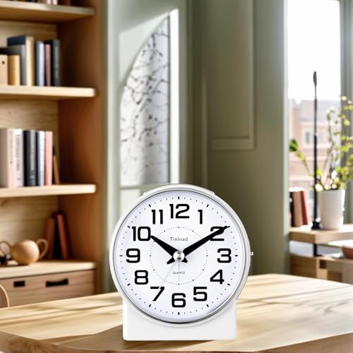 Image of Tinload 4.3 inch No Ticking Analog Alarm Clock,Silent Readable for Seniors,Easy to Set,Gradual Rise Alarm,Big Numbers,On /Off Switch on Side,Gentle Wake,Snooze,Lighted on Demand,Battery Operated,White