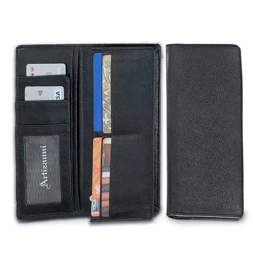 Leather Wallets for Men and Women, RFID Handmade with 22 Card Slots, 4 Bill Compartments & 1 Zippered Pocket, Leather, Minimalist Plaid Black Long Wallets,3.5” W x 8” H x 0.253