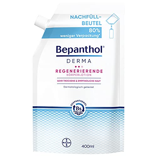 Bepanthol DERMA Regenerierende Körperlotion, Körperpflege für empfindliche und sehr trockene Haut, dermatologisch getestete Feuchtigkeitscreme mit Dexpanthenol, 400 ml Nachfüllbeutel