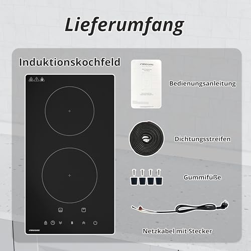 FIREGAS Einbau-Induktionskochfeld,2 Kochzonen,3700 W,9 Leistungsstufen mit Boost-Funktion,Touch-Bedienung,Timer bis 99 Minuten, Kindersicherung