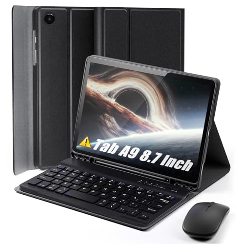 TUNKARMOR Keyboard Case for Tab A9 8.7 inch (2023) - Mouse and Detachable Keyboard Slim Case with S Pen Holder Auto Sleep/Wake - Black