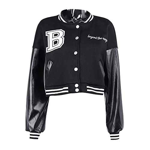 Women Cropped Varsity Jacket Colorblock Letterman Baseball Jacket Y2K Streetwear Black S #TOP2