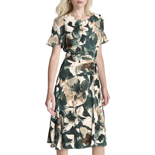 Image of DKNY Women's Flutter Sleeve Round Neck Waist Tie Midi Dress