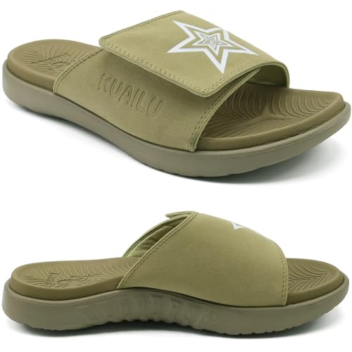 Image of KuaiLu Mens Atheletic Slides Wide Adjustable Arch Support Sport Sandals | Soft Cushioned Open Toe Summer Slippers for Plantar Fasciitis Slip On House Shoes Indoor Outdoor