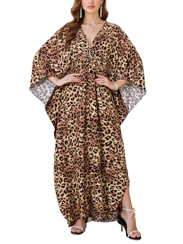 Image of IMAGEKOPE Women's Plus Size Animal Print V-Neck Batwing Kaftan Beach Dress Bathing Suit Cover-Up Loungewear