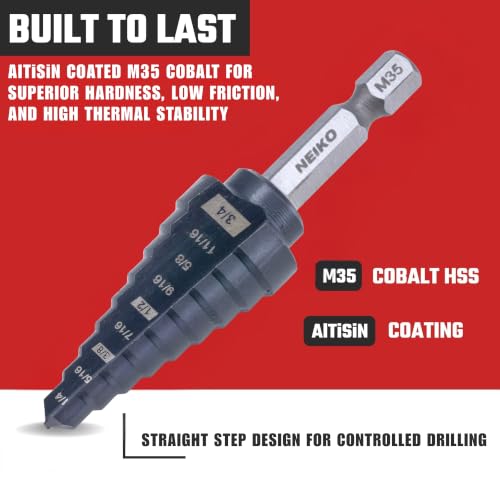 Image of NEIKO 10607B Step Drill Bit, 9 Steps 1 /4 inch to 3 /4 inch Straight M35 Cobalt, AlTiSiN Coated, 1 /4 inch Quick Change Step Bits for Steel, Metal, Wood, Plastic, Unibit Cone Drill Bits, Two Flute