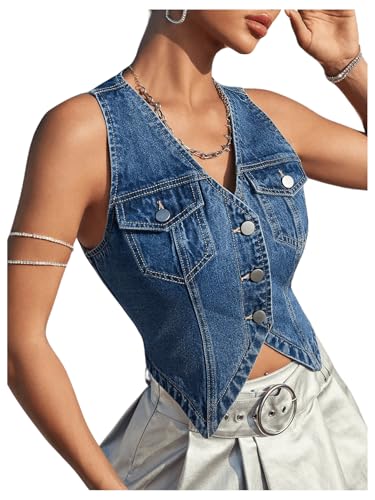 GORGLITTER Women's Y2K Denim Vest Sleeveless V Neck Denim Top Button Down Vest Jacket3