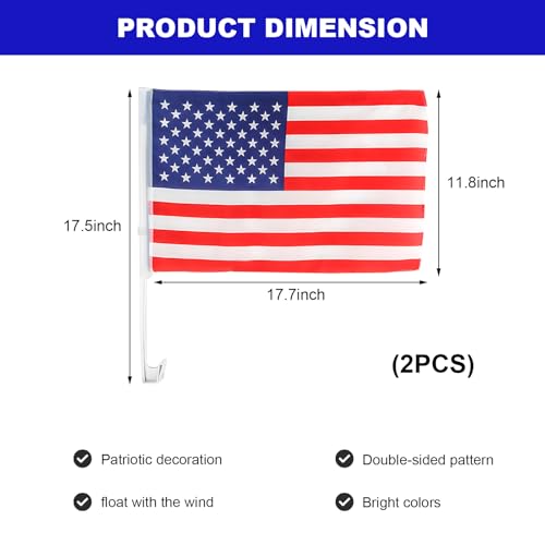 Image of 2PCS US American Car Flag Window Clip, 17 inchx12 inch Double Sided Patriotic Window Flag with Flagpole Mount, Premium Polyester USA Flag Banner Decoration for Vehicle Window