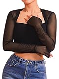 JAKAWIN Women’s Mesh Bolero Shrug See Through Crop Tops Long Sleeve Black Sheer Blouse Top (Black, M)