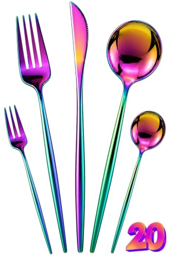Image of Slim Handle Rainbow 20 Pcs Stainless Steel Cutlery Set for Dining Table, Dishwasher Safe Glossy Flatware (4 Spoon Set+4 Forks Set+4 Butter Knife+4 Dessert Spoon+ 4 Fruit Fork)