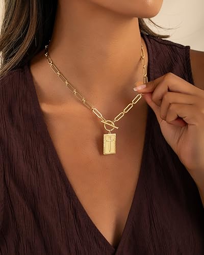 Gold and Silver Cross Pendant Necklace for Women, Toggle Clasp Rectangle Cross Charm Necklace, Dainty Paperclip Chain Religious Jewelry Gift for Christian Faith, Baptism, First Communion3