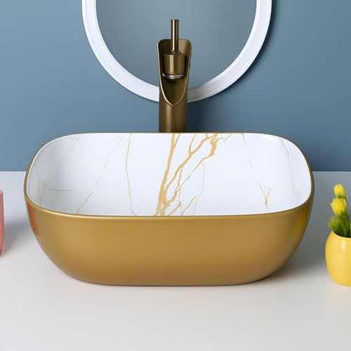Image of Premium Designer Table Top Ceramic Wash Basin with Slim Rim, Modern Vessel Sink for Bathroom Vanity, Glossy White Countertop Basin, 18 x 13 x 5.5 Inch