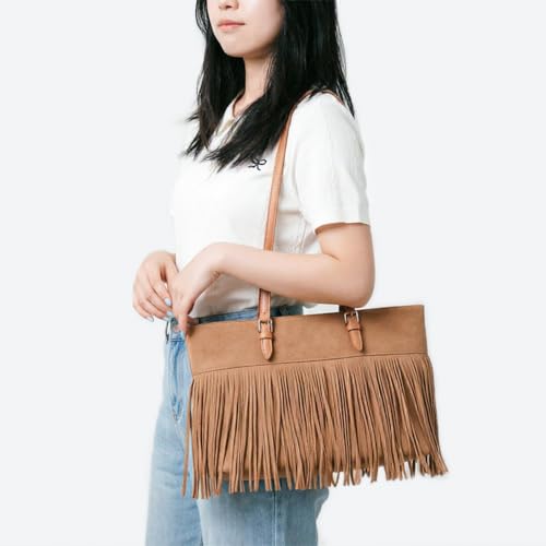 Image of Hoce Women's Leather Fringe Messenger Bag Large Hobo Crossbody Tassel Shoulder Bags, Gift for Mom Wife Girlfriend