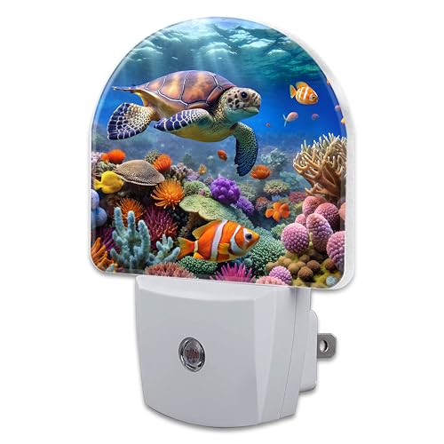 Image of Sea Turtle in Coral Reefs Night Light, Underwater World Marine Fish Corals Dusk to Dawn Night Light Plug in,0.5w Energy Saving Sleep Friendly NightLight for Kids Boys Girls Home Decor