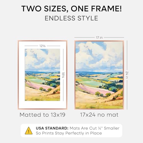 Image of Homeforia 17x24 Picture Frame Rose Gold, High End Metal 17x24 Poster Frames with Mat 13x19 Photo, 17 x 24 Rose Gold Frame Matted to 13 by 19 Print, 24x17 Thin Frame, Tempered Glass, Wall Kit, Set of 1