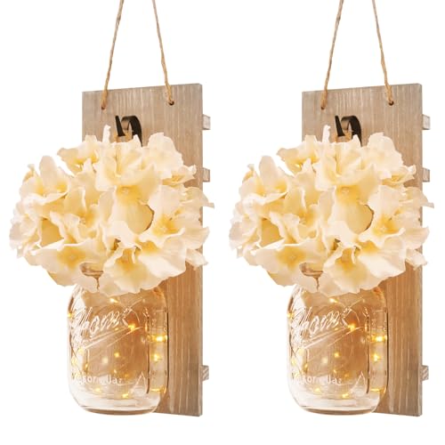 Image of Wall Sconce Decor 2pcs, Mason Jar Wall Sconce Farmhouse Home Decor with 6.5FT LED Fairy Lights Flowers, Modern Art Living Room Bedroom Bathroom Decorative Hanging Yellow