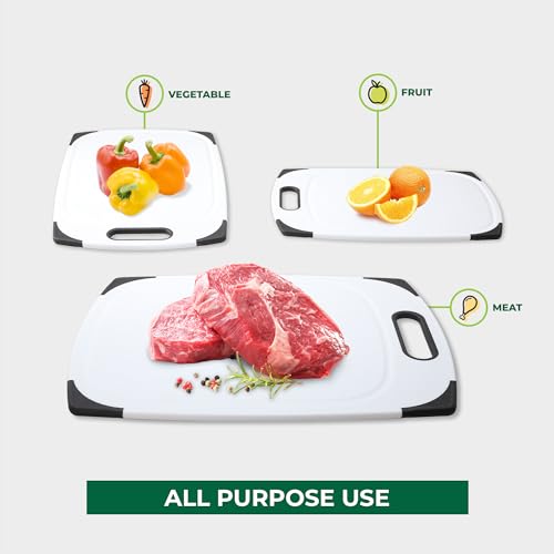 Image of Plastic Cutting Boards for Kitchen, Cutting Board Set of 3, Juice Grooves with Easy Grip Handle, BPA-Free, Non-Porous, Dishwasher Safe, White