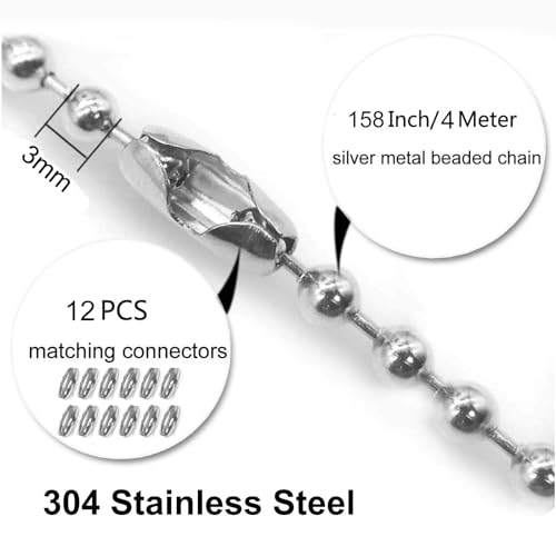 Image of Ceiling Fan Pull Chain Extender,Each Chain Length 158-inch(4 Meter) with 12 Connectors,Standard 3 mm Diameter Beaded Ball, Fit for Pull String Light Fixture,Silvery